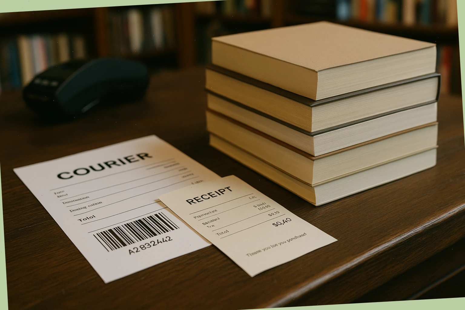 Courier ticket and receipt beside a stack of paperbacks at checkout