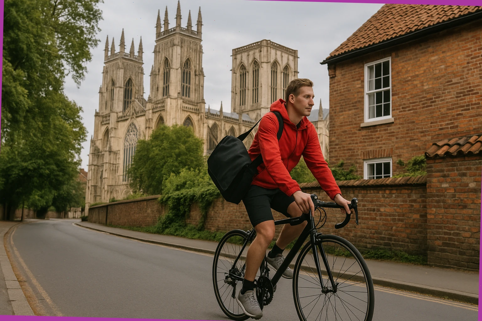 Bicycle courier crossing a quiet lane near York Minster with a messenger bag