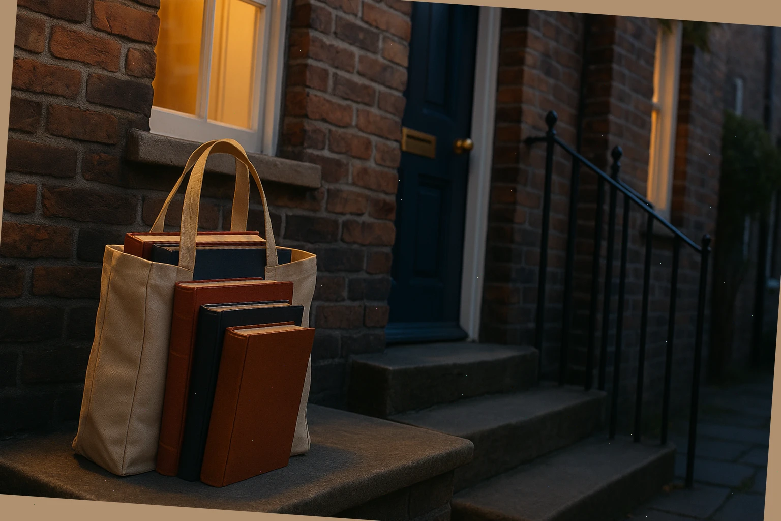 Books in a tote at a terraced doorway during an early evening drop-off