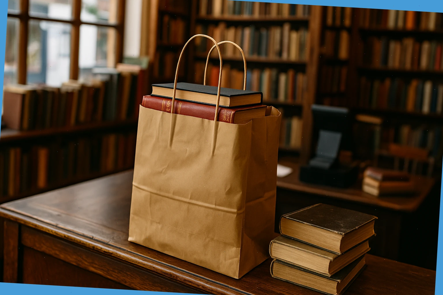 Paper carrier with books at a small York bookshop counter